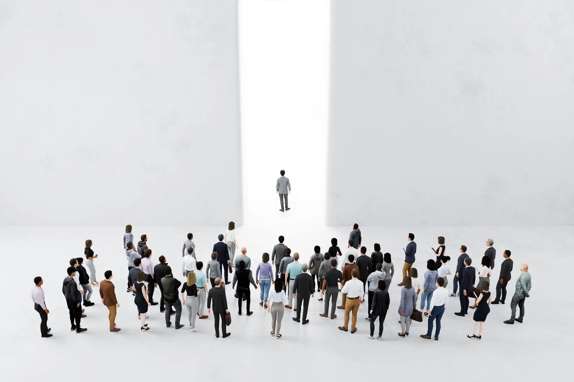A crowd watching one person walk alone towards a bright opening