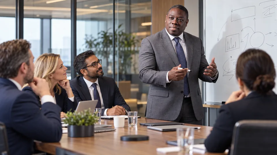 Andre speaking with colleagues during a business meeting