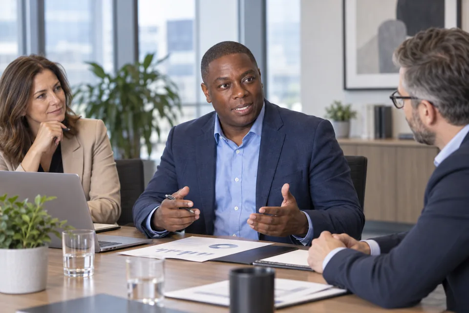 Leadership team discussing findings around a meeting table